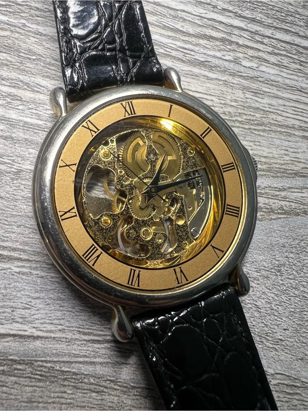 Gold Skeleton Dial Men's Mechanical Watch with Black Leather Strap